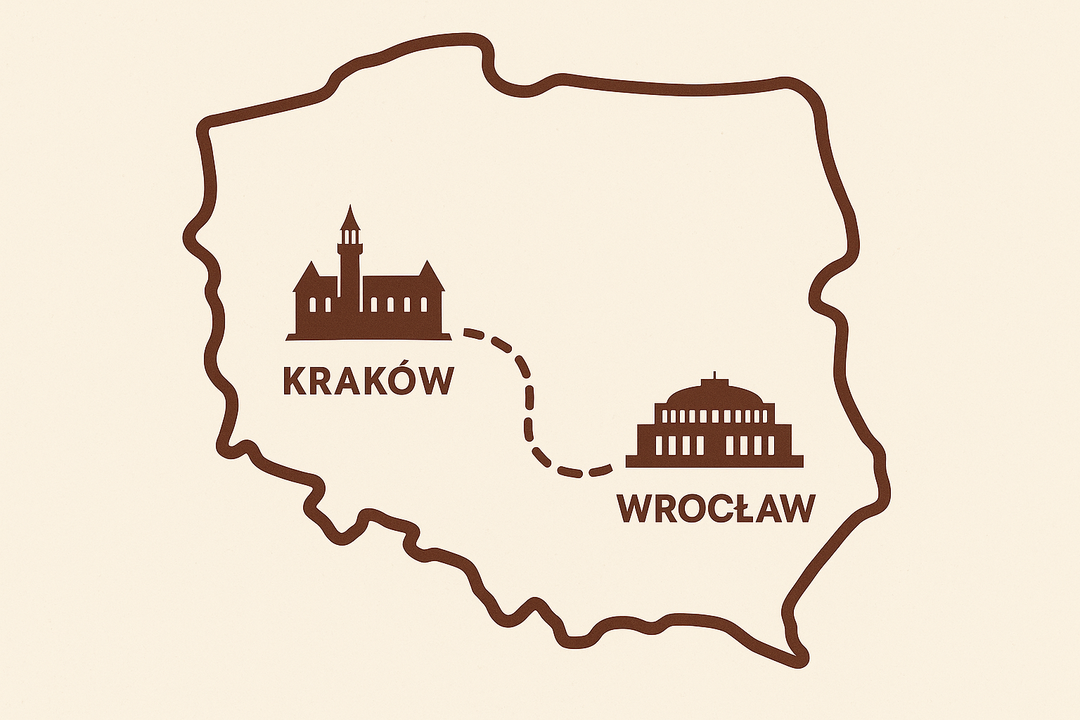 Stylizowana mapa trasy samochodowej z Krakowa do Wrocławia