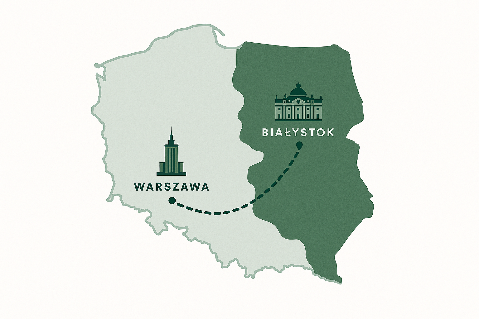 Stylizowana mapa trasy samochodowej z Warszawy do Białegostoku